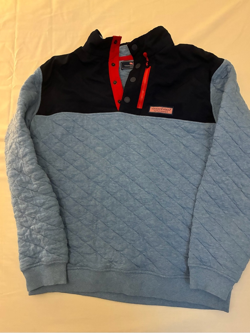 Vineyard Vines Navy Quilted Pullover with Light Blue Lining and Red Trim